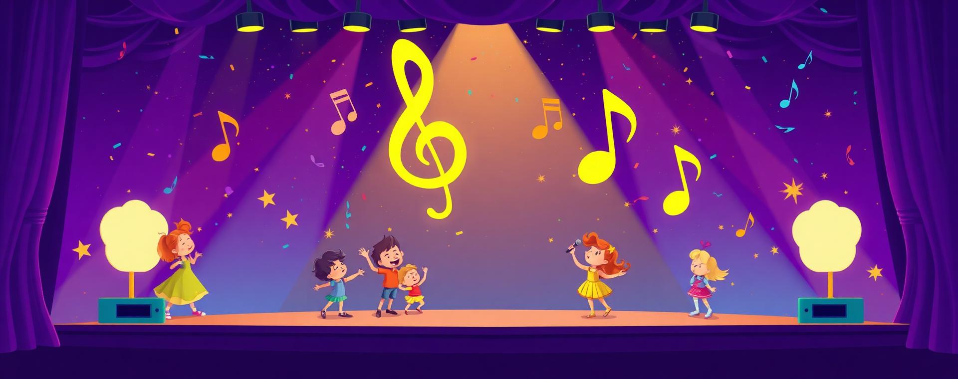 Cartoon children singing on a colorful stage